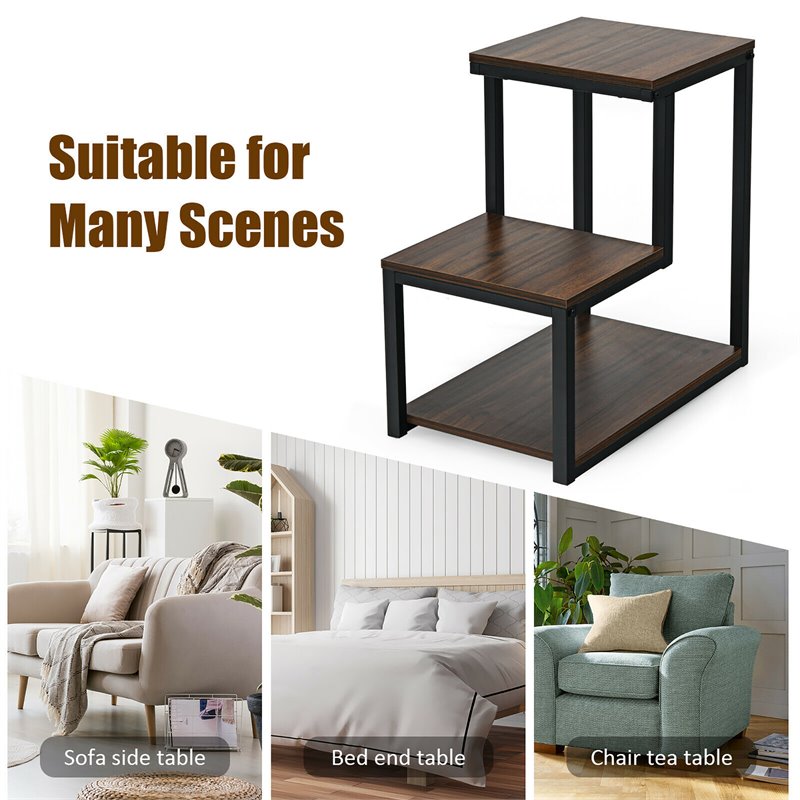 Costway 3-Tier Contemporary Steel End Table with Storage Shelf in Brown