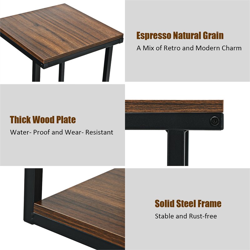 Costway 3-Tier Contemporary Steel End Table with Storage Shelf in Brown