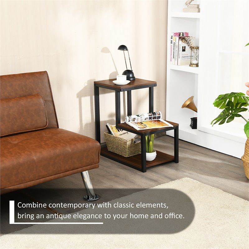 Costway 3-Tier Contemporary Steel End Table with Storage Shelf in Brown