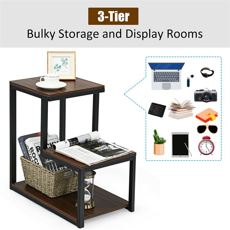 Costway 3-Tier Contemporary Steel End Table with Storage Shelf in Brown