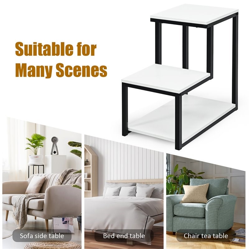 Costway 3-Tier Contemporary Steel End Table with Storage Shelf in White