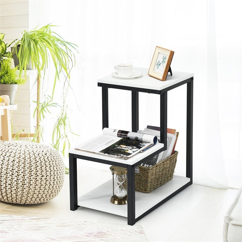 Costway 3-Tier Contemporary Steel End Table with Storage Shelf in White