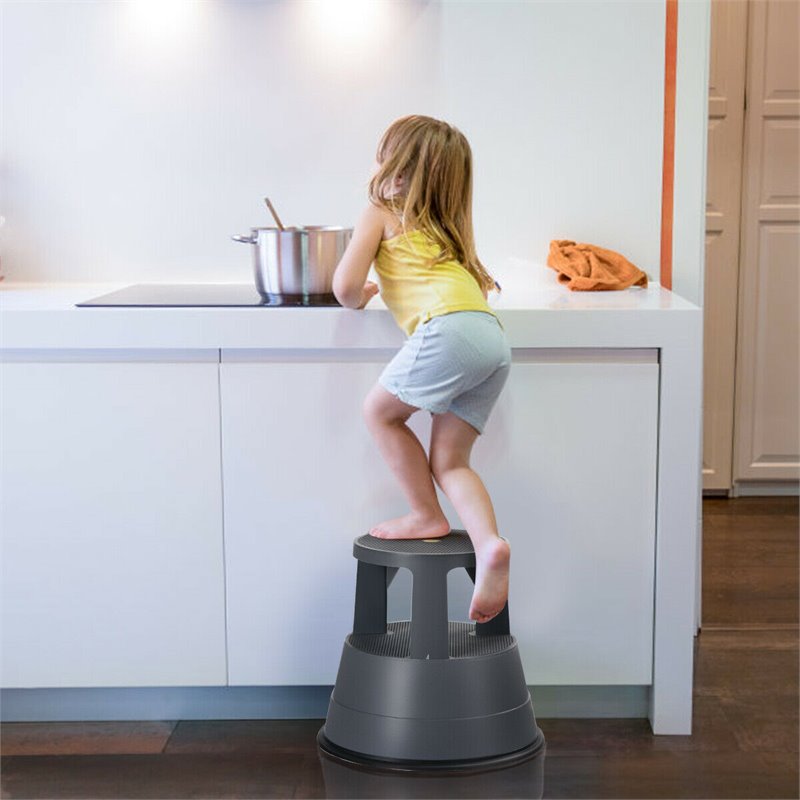 Costway Contemporary PP Rolling Step Stool with Non-Slip Platform in Gray