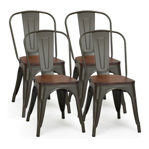 Costway Contemporary Metal and Elm Dining Side Chair in Brown (Set of 4)
