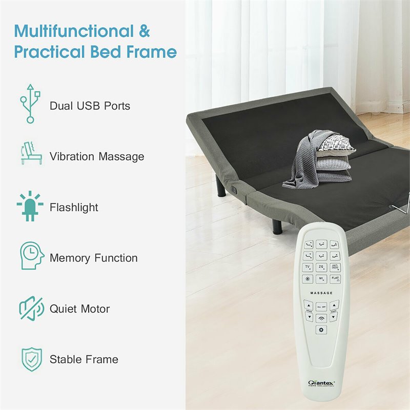 Costway Polyester Adjustable Massage Queen Bed Base in Black and Gray