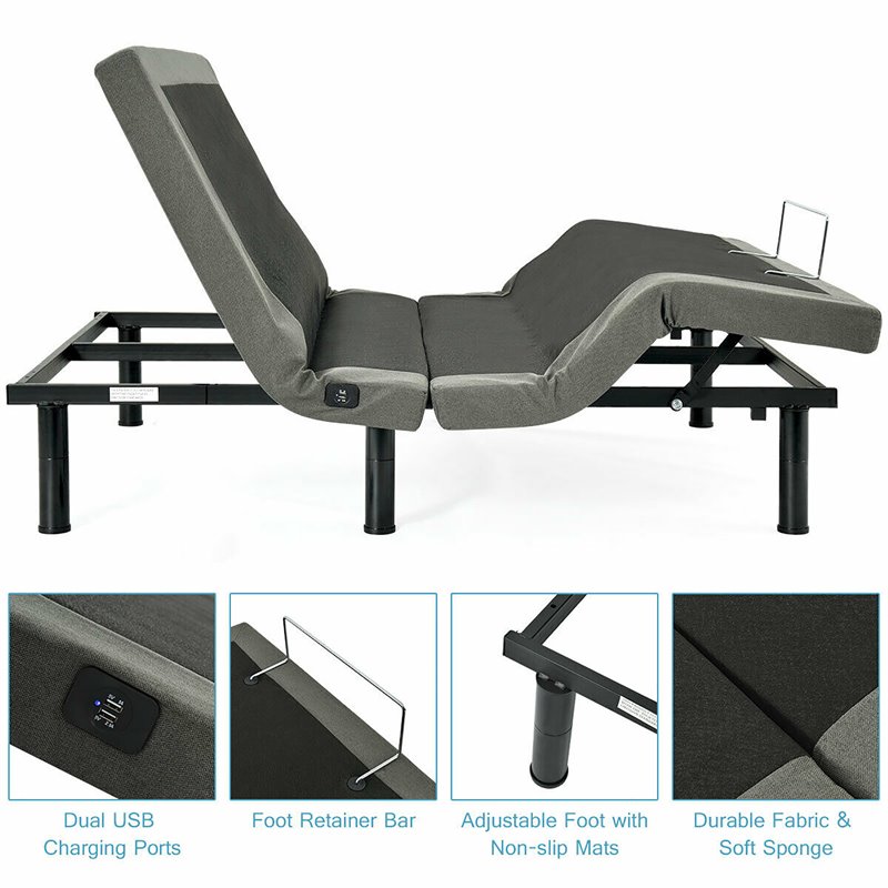 Costway Polyester Adjustable Massage Queen Bed Base in Black and Gray