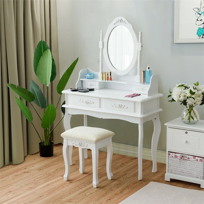 Costway MDF Vanity Makeup Dressing Table Set with Jewelry Storage Stool in White