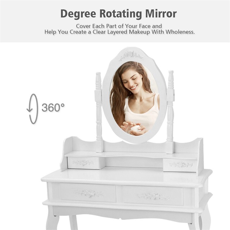 Costway MDF Vanity Makeup Dressing Table Set with Jewelry Storage Stool in White