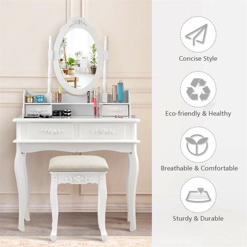 Costway MDF Vanity Makeup Dressing Table Set with Jewelry Storage Stool in White