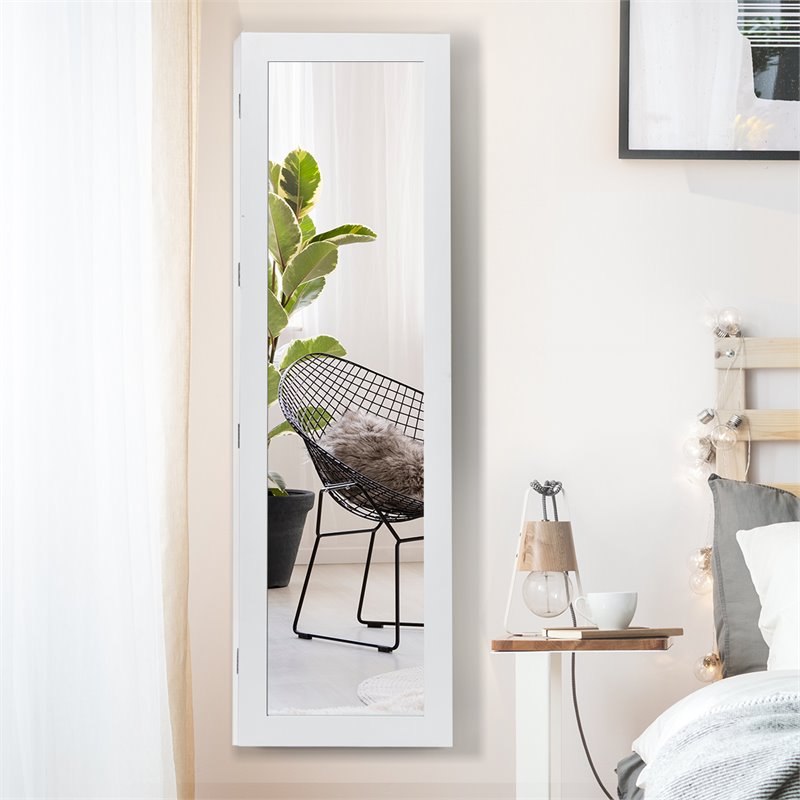 Costway Contemporary MDF Door Mounted Mirrored Jewelry Cabinet in White