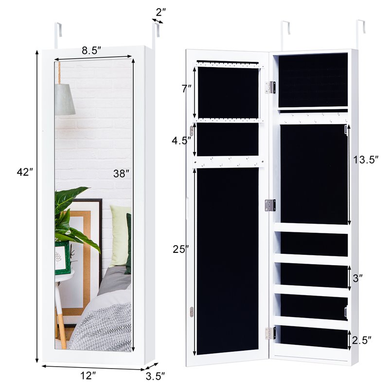 Costway Contemporary MDF Door Mounted Mirrored Jewelry Cabinet in White