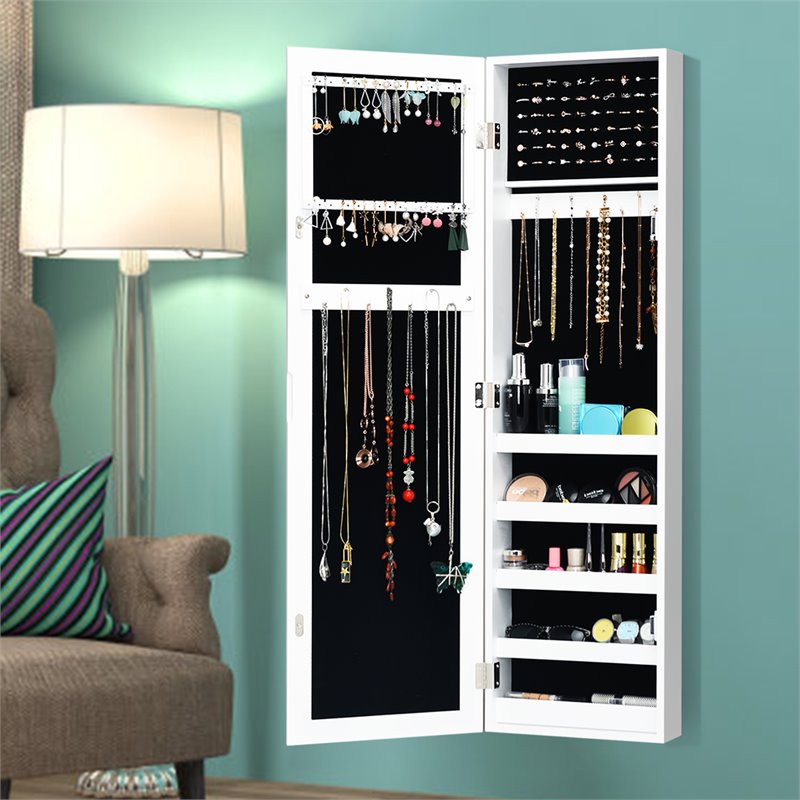 Costway Contemporary MDF Door Mounted Mirrored Jewelry Cabinet in White