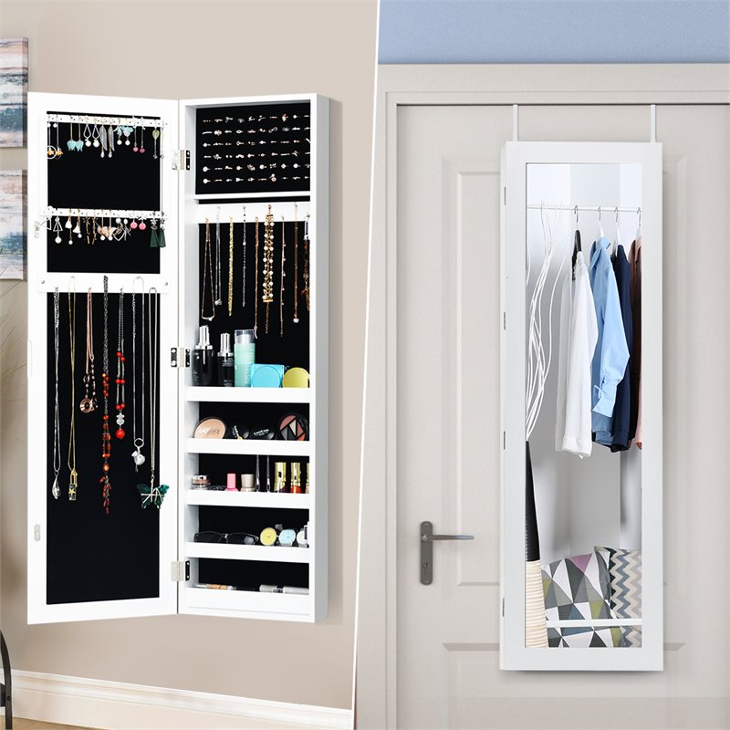 Costway Contemporary MDF Door Mounted Mirrored Jewelry Cabinet in White