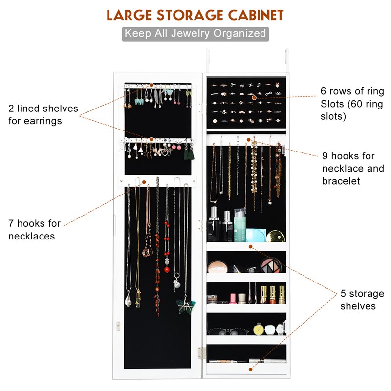 Costway Contemporary MDF Door Mounted Mirrored Jewelry Cabinet in White