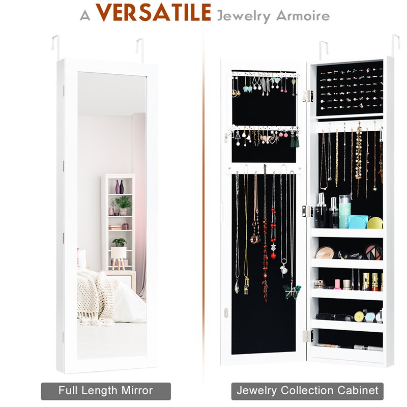 Costway Contemporary MDF Door Mounted Mirrored Jewelry Cabinet in White