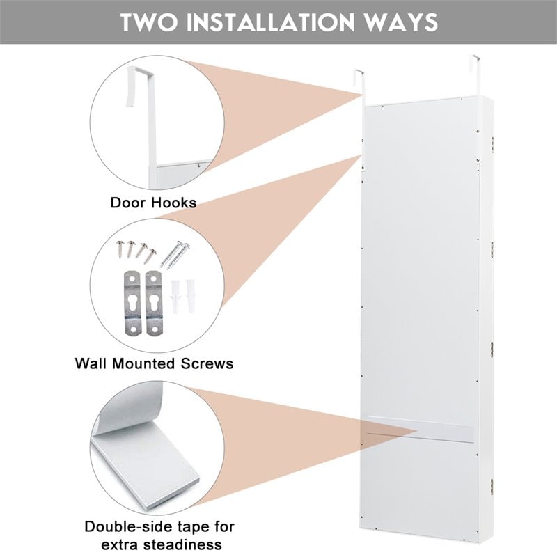 Costway Contemporary MDF Door Mounted Mirrored Jewelry Cabinet in White