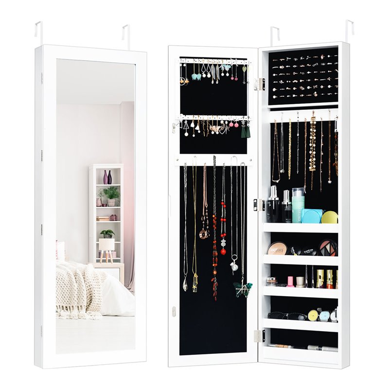 Costway Contemporary MDF Door Mounted Mirrored Jewelry Cabinet in White