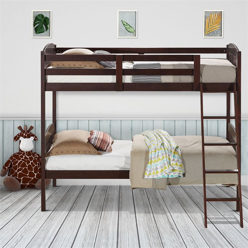 Costway Contemporary Solid Rubber Wood Twin Bunk Bed in Espresso