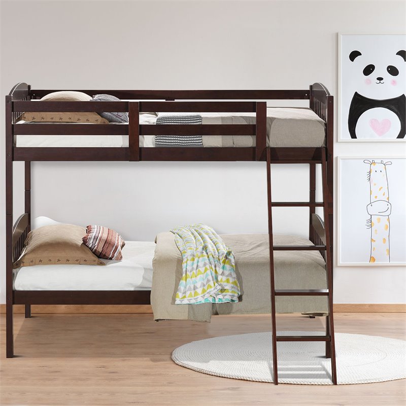 Costway Contemporary Solid Rubber Wood Twin Bunk Bed in Espresso