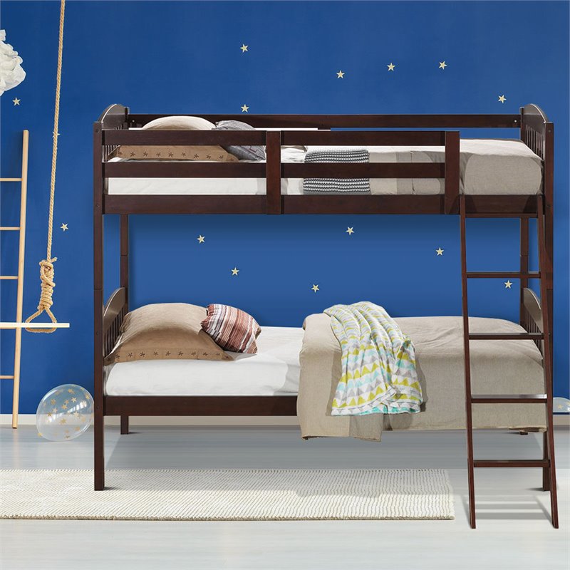Costway Contemporary Solid Rubber Wood Twin Bunk Bed in Espresso