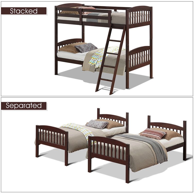 Costway Contemporary Solid Rubber Wood Twin Bunk Bed in Espresso