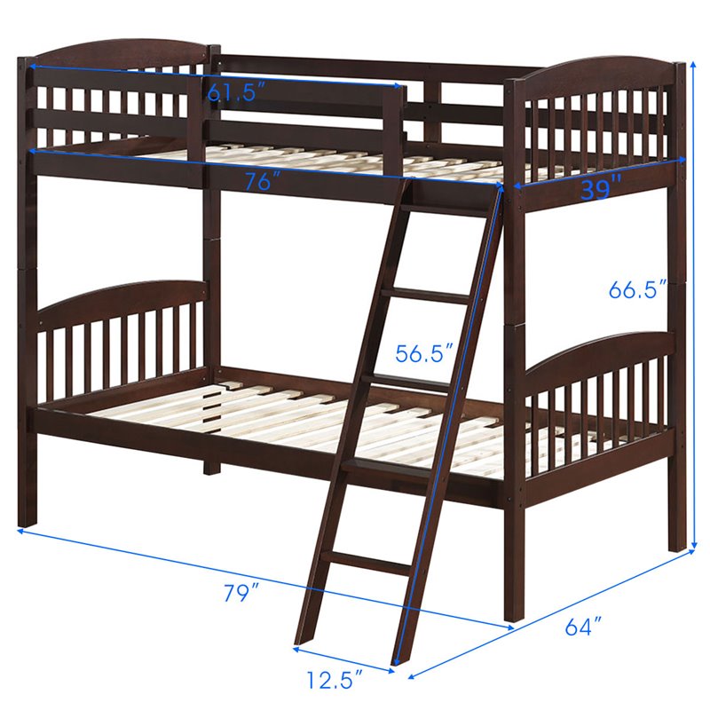 Costway Contemporary Solid Rubber Wood Twin Bunk Bed in Espresso