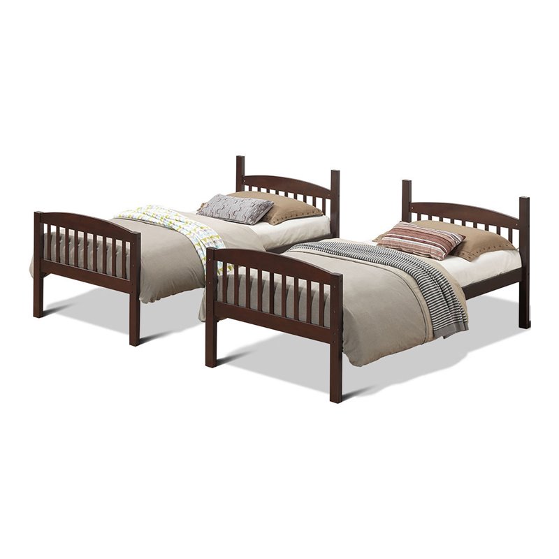 Costway Contemporary Solid Rubber Wood Twin Bunk Bed in Espresso