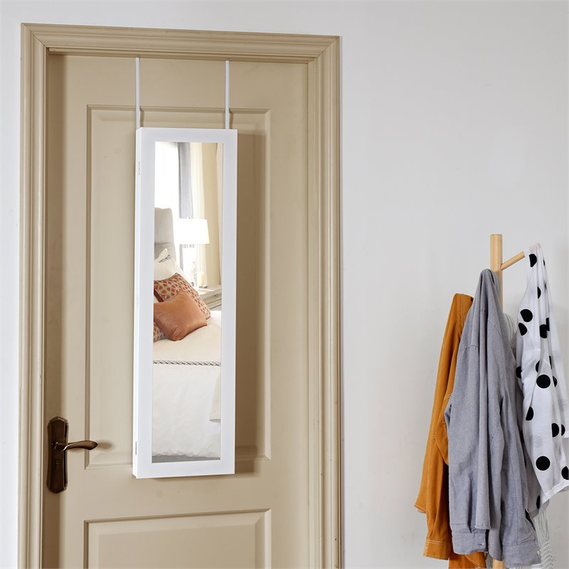 Costway MDF Board Wall/Door Mounted LED Lights Mirrored Jewelry Cabinet in White