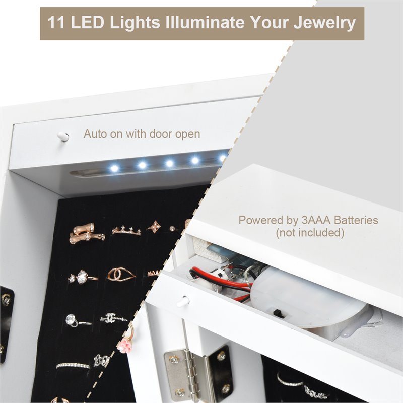 Costway MDF Board Wall/Door Mounted LED Lights Mirrored Jewelry Cabinet in White