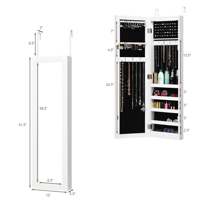 Costway MDF Board Wall/Door Mounted LED Lights Mirrored Jewelry Cabinet in White
