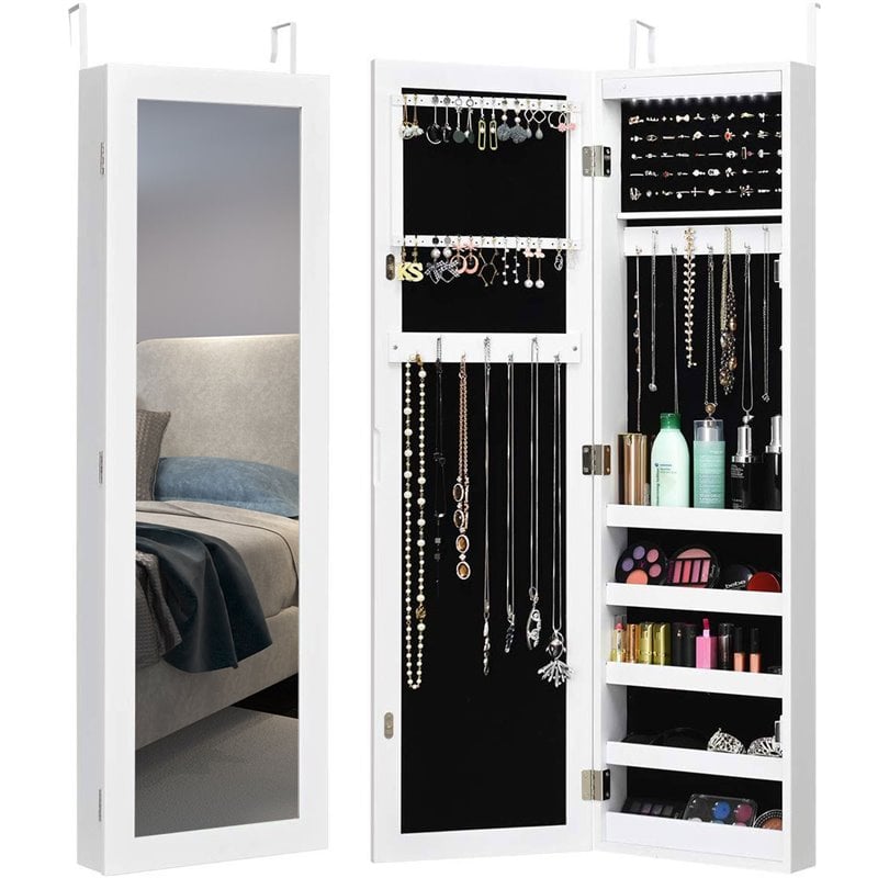Costway MDF Board Wall/Door Mounted LED Lights Mirrored Jewelry Cabinet in White