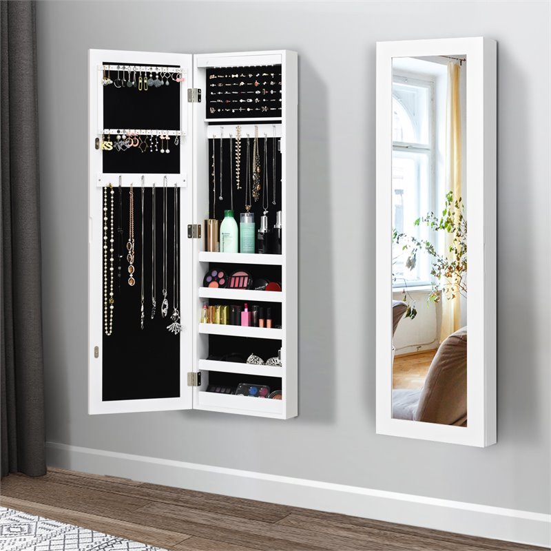 Costway MDF Board Wall/Door Mounted LED Lights Mirrored Jewelry Cabinet in White