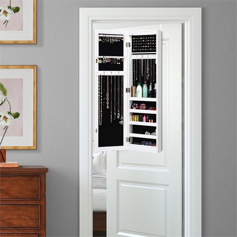 Costway MDF Board Wall/Door Mounted LED Lights Mirrored Jewelry Cabinet in White