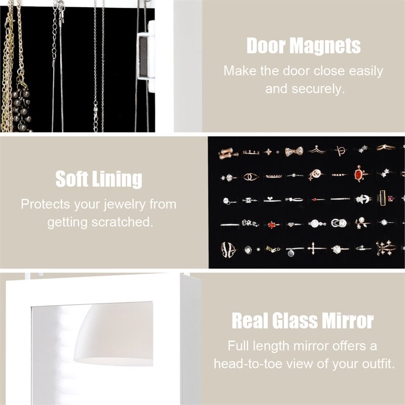 Costway MDF Board Wall/Door Mounted LED Lights Mirrored Jewelry Cabinet in White
