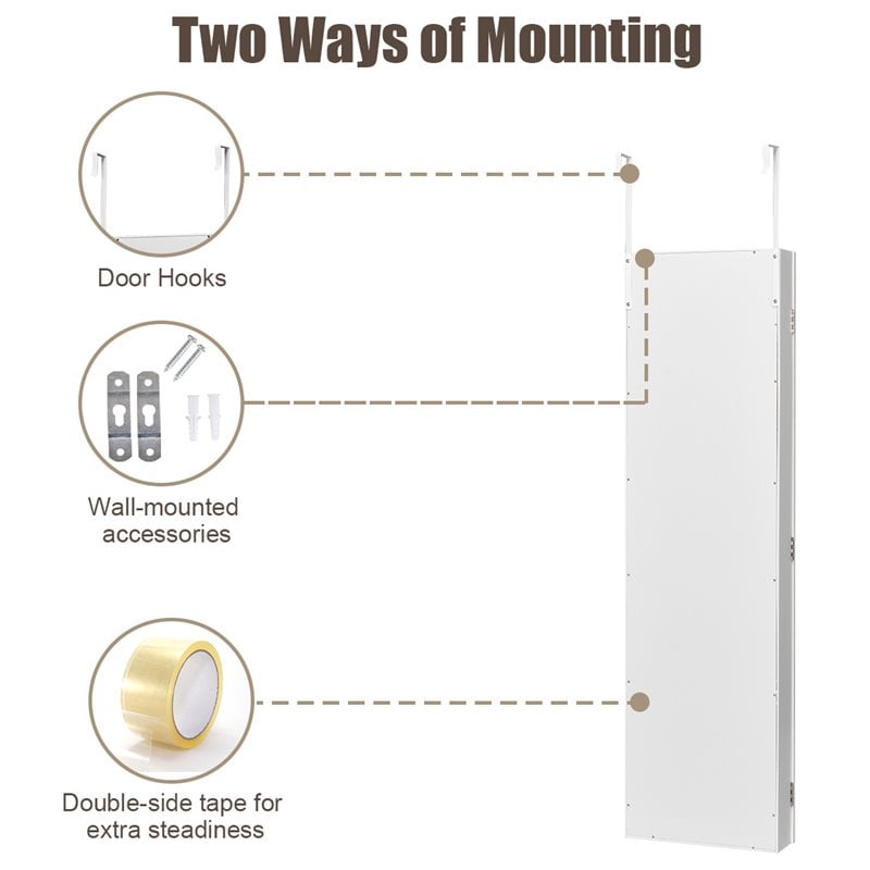 Costway MDF Board Wall/Door Mounted LED Lights Mirrored Jewelry Cabinet in White