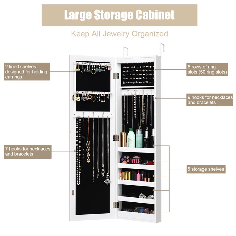 Costway MDF Board Wall/Door Mounted LED Lights Mirrored Jewelry Cabinet in White
