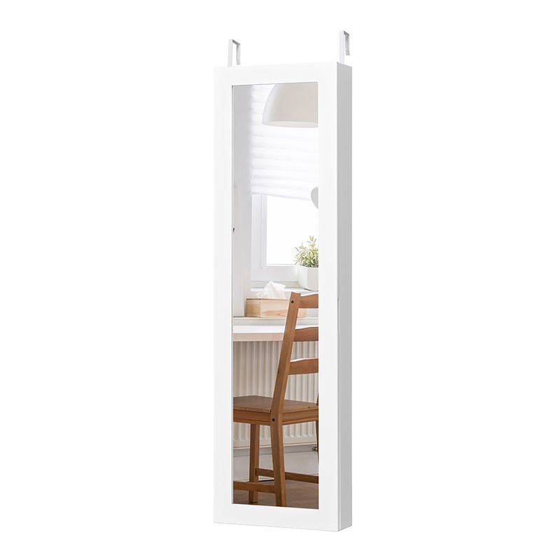 Costway MDF Board Wall/Door Mounted LED Lights Mirrored Jewelry Cabinet in White