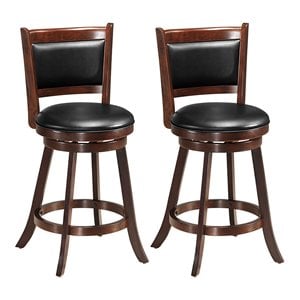Costway 24&quot Rubber Wood Swivel Counter Stool in Espresso and Black (Set of 2)