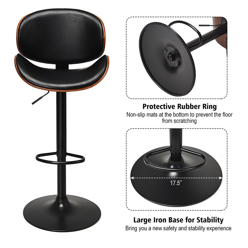 Costway Metal Swivel Barstools with PU Leather Curved Back in Black (Set of 2)