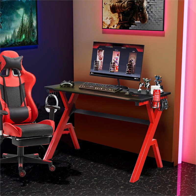 Costway Contemporary MDF and Steel Computer Desk with Cup Holder in Red/Black