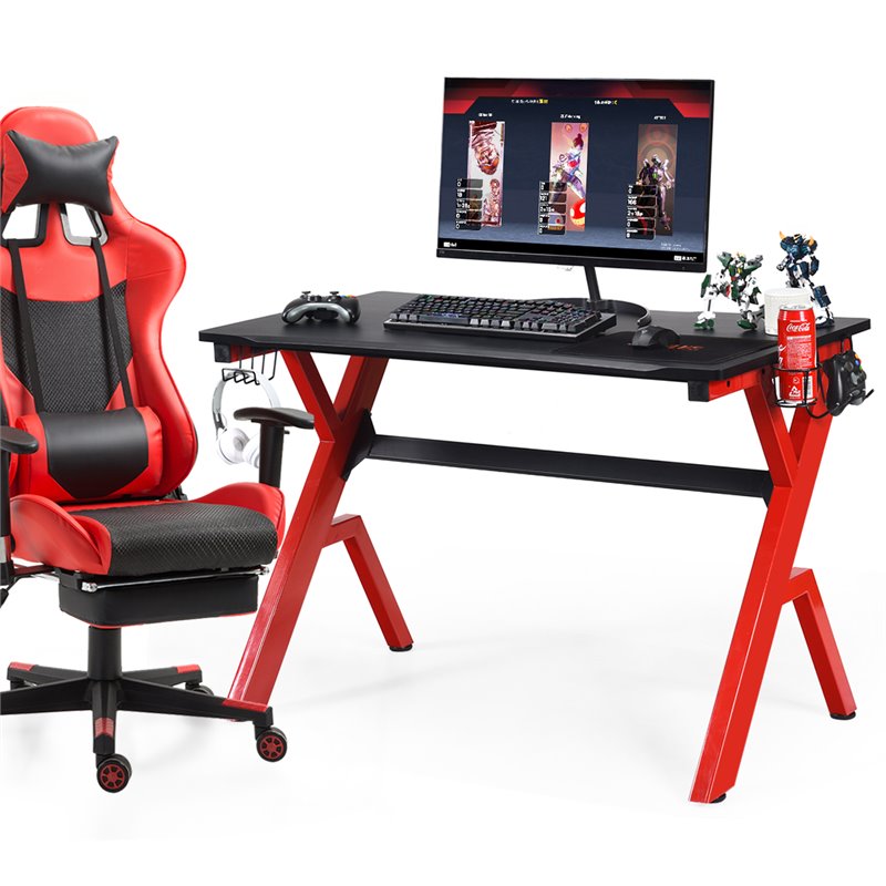 Costway Contemporary MDF and Steel Computer Desk with Cup Holder in Red/Black