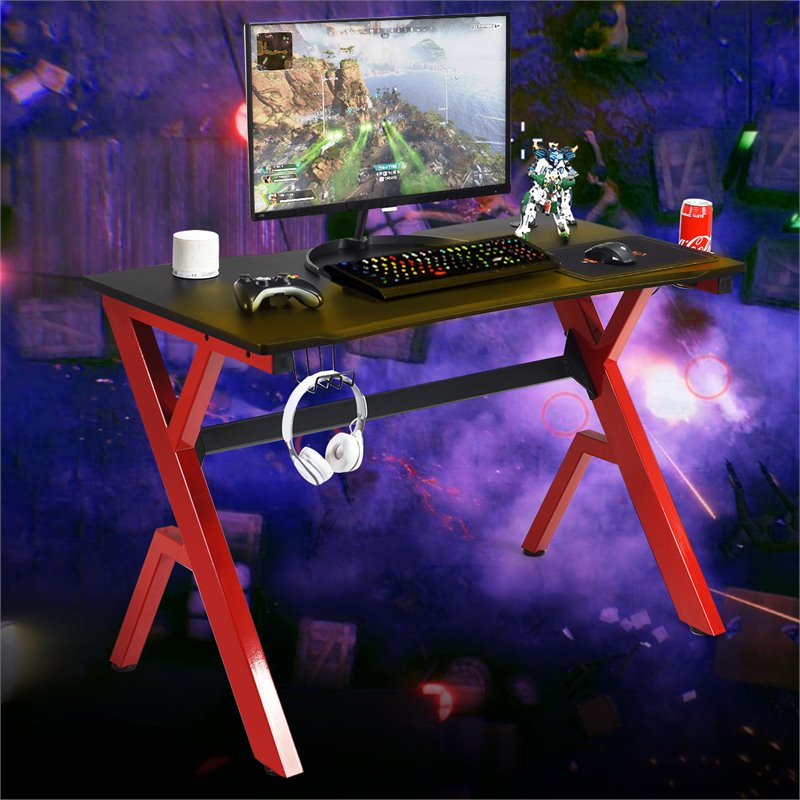Costway Contemporary MDF and Steel Computer Desk with Cup Holder in Red/Black