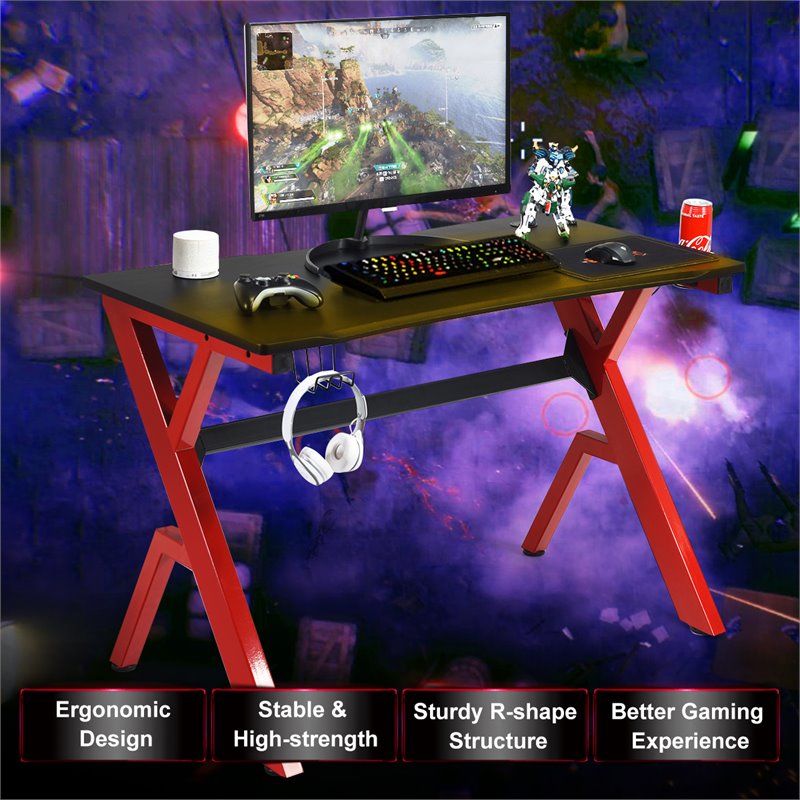 Costway Contemporary MDF and Steel Computer Desk with Cup Holder in Red/Black