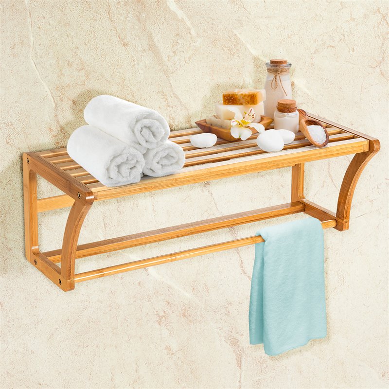 Costway Contemporary Bamboo Towel Rack with Shelf and Towel Bar in Natural