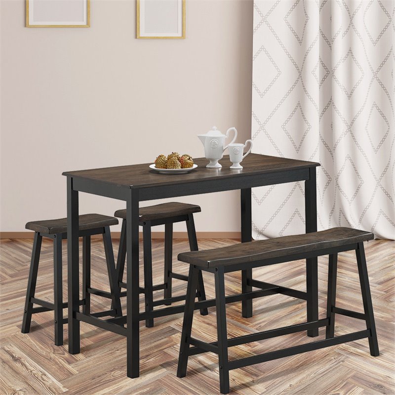 Costway 4-piece Counter Height Table Set with Bench & 2 Stools in Taupe Brown