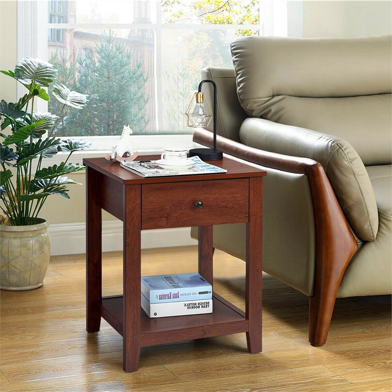 Costway Particle Board End Side Table with Drawer and Storage Shelf in Brown