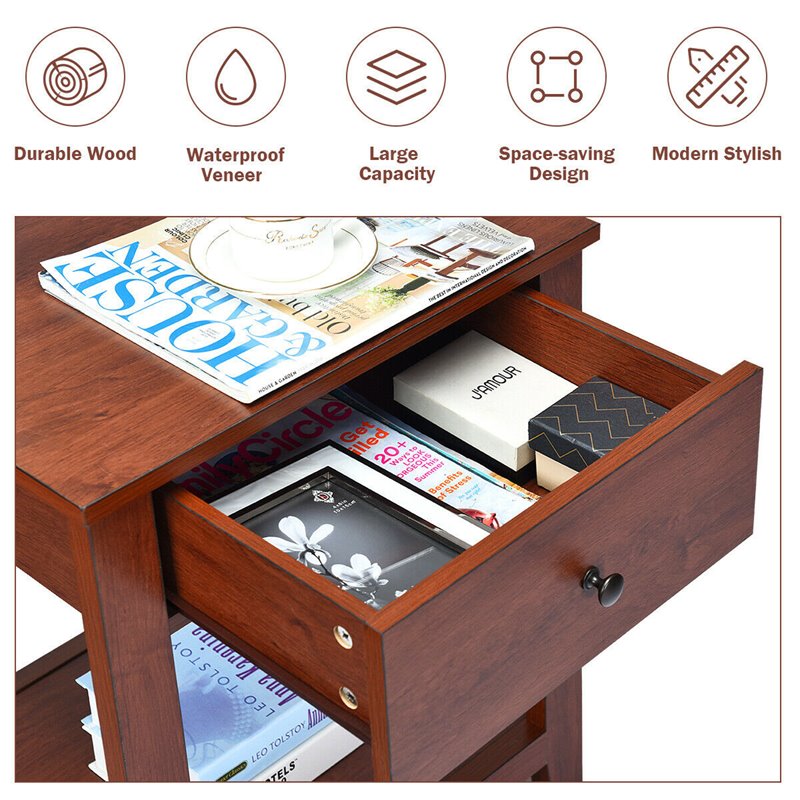 Costway Particle Board End Side Table with Drawer and Storage Shelf in Brown