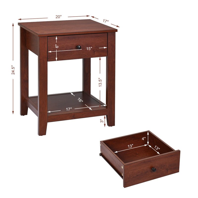 Costway Particle Board End Side Table with Drawer and Storage Shelf in Brown