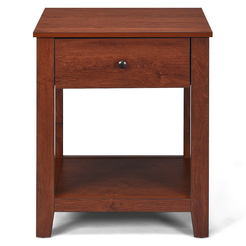 Costway Particle Board End Side Table with Drawer and Storage Shelf in Brown