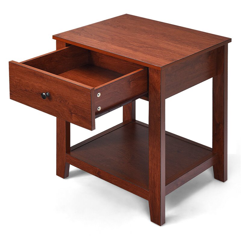 Costway Particle Board End Side Table with Drawer and Storage Shelf in Brown